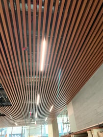 Linear LED lighting integrated into a wood slat ceiling