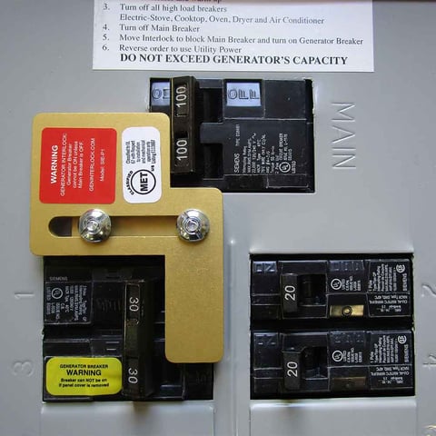 Generator interlock kit installed on a residential breaker panel