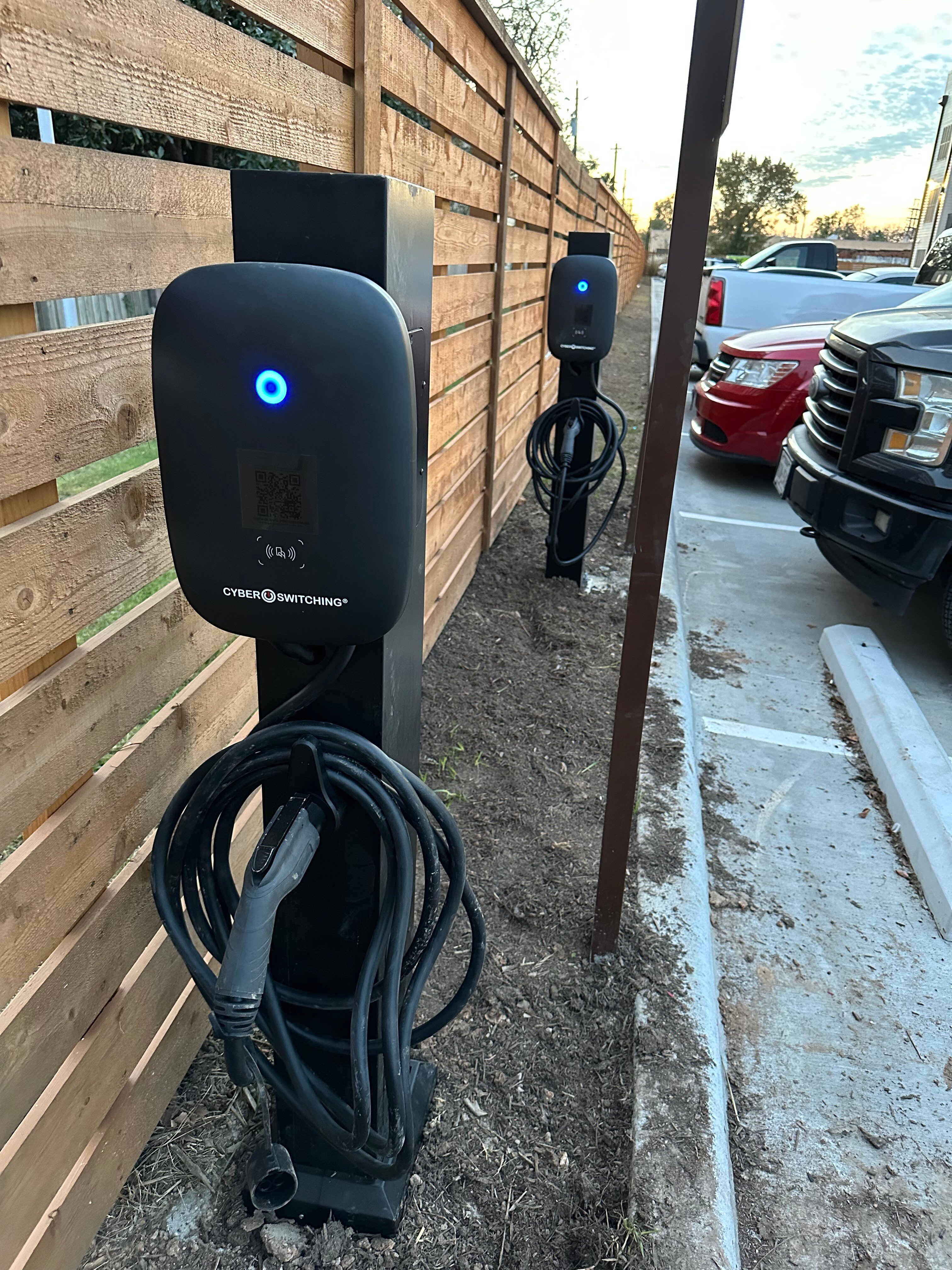 EV chargers installed in the parking area of an apartment complex in Wharton, TX